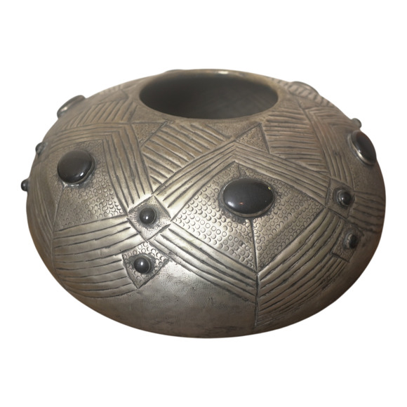 Hand Crafted Other - Vintage Brass Silver‑Plated Etched Vase 14” Black Cabochons Mid-Century India